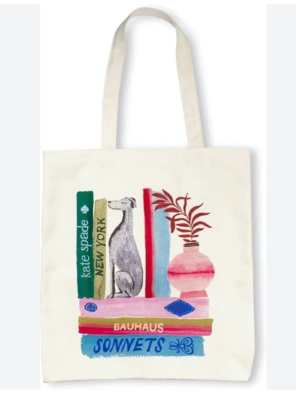 kate spade Ivory Multi Bookshelf Dog Figurine Canvas Tote Bag